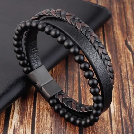 Charm Rope Men's Bracelet – Magnetic Stainless Steel, Natural Stone & Leather Volcanic Bead Chain