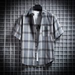 Men's Summer Plaid Shirt – Hip Hop Oversize Checked Short Sleeve Streetwear in Grey - Image 6