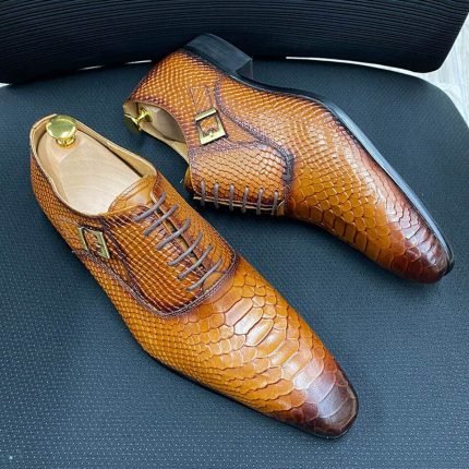 Luxury Men's Snake Print Oxford Shoes | Genuine Leather Lace-Up Dress Shoes