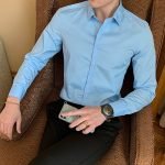 Men's Fashion Cotton Long Sleeve Shirt – Solid Slim Fit Casual Business Dress in White and Black - Image 3