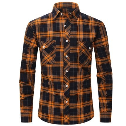 Men's Plaid Flannel Shirt – Long Sleeve Fashion with Double-Pocket England Style