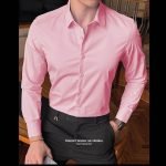 Men's Fashion Cotton Long Sleeve Shirt – Solid Slim Fit Casual Business Dress in White and Black - Image 5