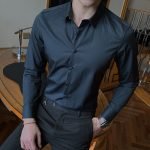 Men's Fashion Cotton Long Sleeve Shirt – Solid Slim Fit Casual Business Dress in White and Black - Image 2