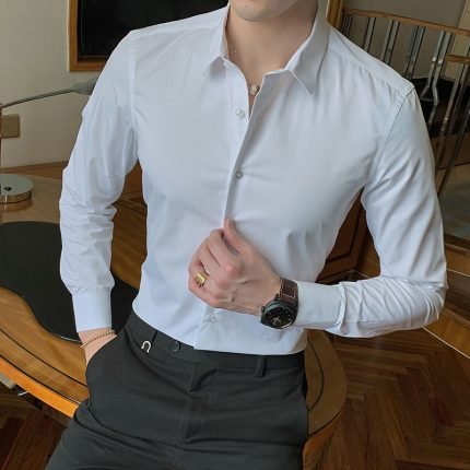 Men's Fashion Cotton Long Sleeve Shirt – Solid Slim Fit Casual Business Dress in White and Black