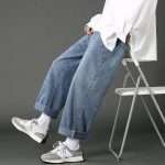Men's Baggy Jeans: Korean Fashion Hip Hop Straight Wide Leg Trousers in Black & Light Blue - Image 3