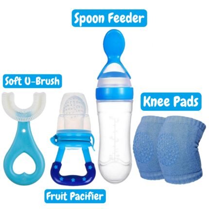 Pack of 4 Baby Essentials | Silicone Spoon Feeder, Fruit Pacifier, Knee Pads & U-Shape Brush