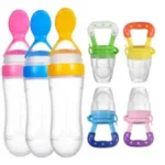 Pack of 4 Baby Essentials | Silicone Spoon Feeder, Fruit Pacifier, Knee Pads & U-Shape Brush - Image 2