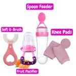 Pack of 4 Baby Essentials | Silicone Spoon Feeder, Fruit Pacifier, Knee Pads & U-Shape Brush - Image 3