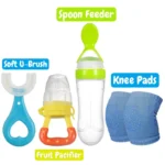 Pack of 4 Baby Essentials | Silicone Spoon Feeder, Fruit Pacifier, Knee Pads & U-Shape Brush - Image 4