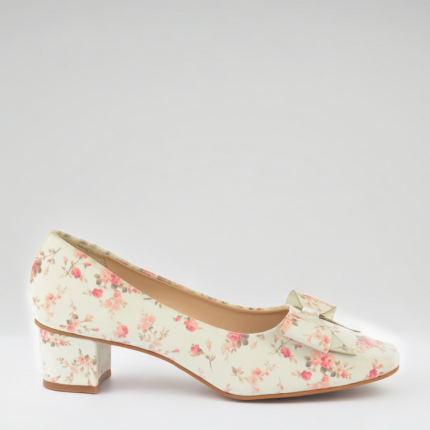 Floral Fantasy Women's Heels - Elegant Fabric Shoes with Bow Detail & Block Heel