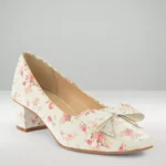 Floral Fantasy Women's Heels - Elegant Fabric Shoes with Bow Detail & Comfortable Block Heel - Image 3