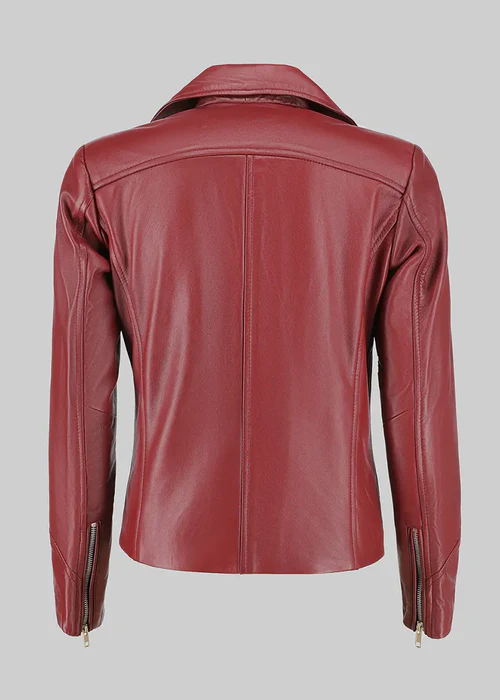 Women's Asymmetrical Maroon Real Leather Jacket - Image 4