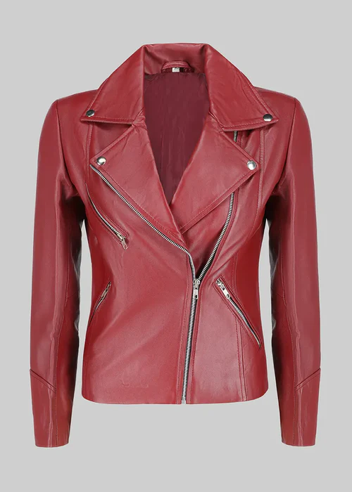 Maroon Real Leather Jacket Women's Asymmetrical Maroon Real Leather Jacket - Image 1