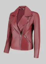 Women's Asymmetrical Maroon Real Leather Jacket - Image 3