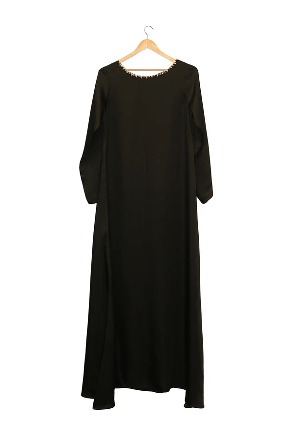 Maxi Dress Black Maxi Dress/Abaya with Gold Embroidered Neckline - Image 1