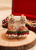 Heavy Bridal Gold Plated Jhumka Earrings with Pearls - Image 3