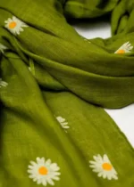 Green Floral Cotton Scarf for Women – Lightweight Daisy Print Dupatta - Image 3