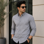 Men wearing dark grey oxford slim fit casual shirt
