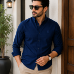 Men wearing classic navy blue oxford slim fit casual shirt