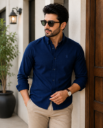 Men wearing classic navy blue oxford slim fit casual shirt