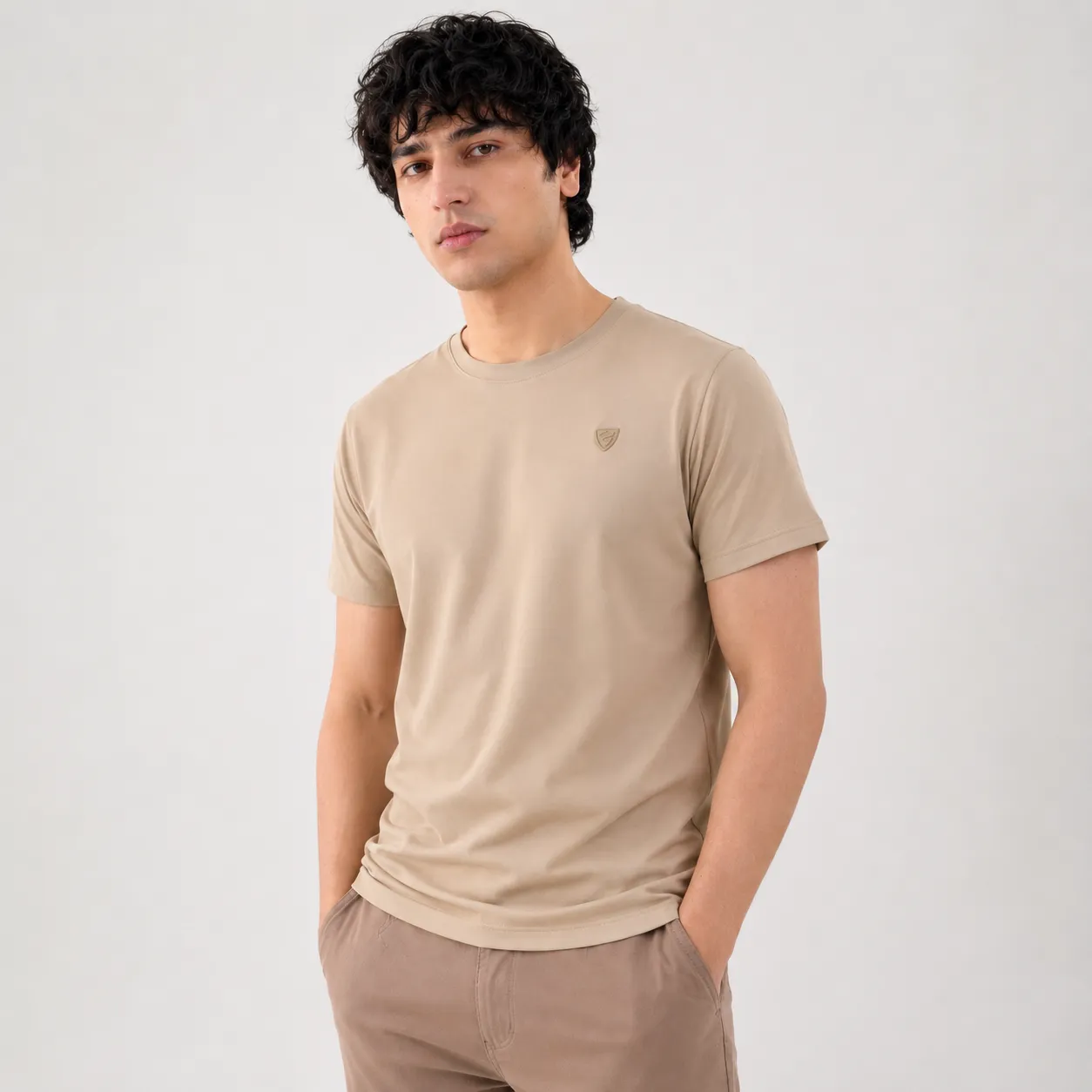 Men's Premium Crew Neck T-Shirt Man wearing premium slim fit crew neck casual t-shirt