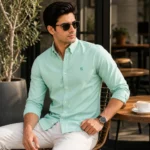 Men wearing premium pista Oxford casual slim fit shirt