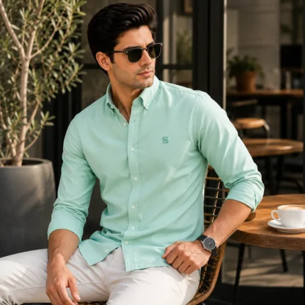 Men wearing premium pista Oxford casual slim fit shirt