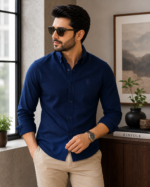 Men wearing classic navy blue oxford slim fit casual shirt