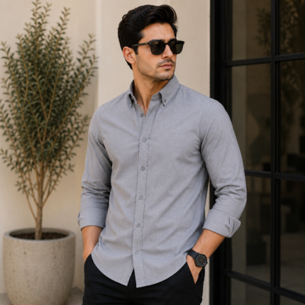 Men wearing dark grey oxford slim fit casual shirt