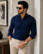 Men wearing classic navy blue oxford slim fit casual shirt