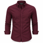 Back side view of men’s maroon oxford casual shirt