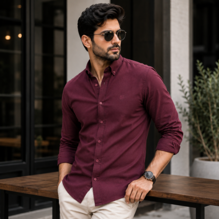 Men wearing premium maroon oxford casual slim fit shirt for men