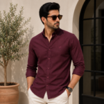 Back side view of men’s maroon oxford casual shirt