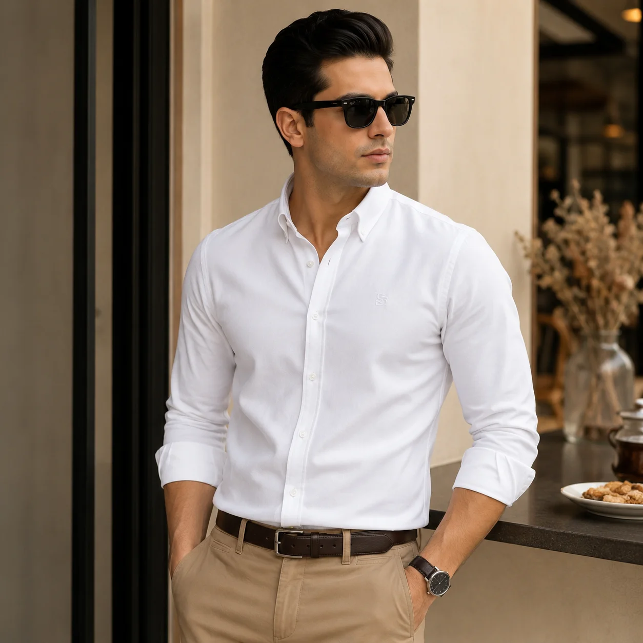white-oxford-casual-shirt-men-subhanallah-shopping Men wearing premium white oxford casual shirt slim fit style